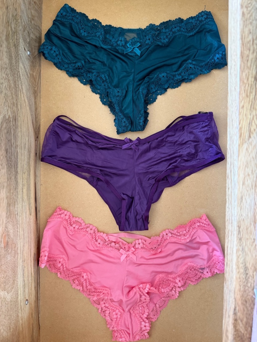 Victoria’s Secret Women's Lace Trim Panty Set - Teal, Purple & Pink (3-Pack)